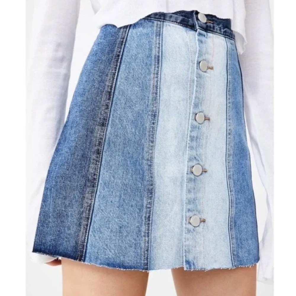 BLANKNYC Skirt Womens 26 Blue Patchwork Denim‎ Button Front Mini All or Nothing